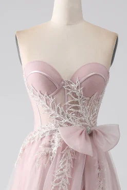 Sparkly A Line Strapless Tulle Prom Dress com arco
