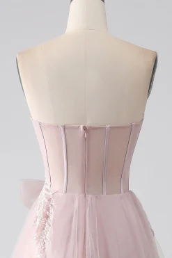 Sparkly A Line Strapless Tulle Prom Dress com arco