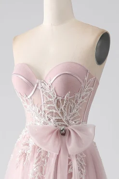 Sparkly A Line Strapless Tulle Prom Dress com arco