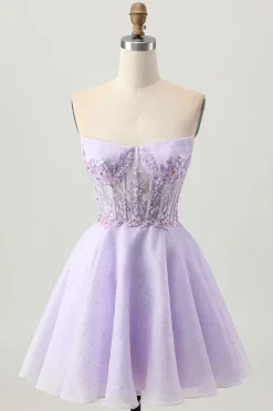 Sparkly A Line Strapless Sequins Lace Up Back Mini Lilás Homecoming Dress with Beading