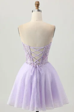 Sparkly A Line Strapless Sequins Lace Up Back Mini Lilás Homecoming Dress with Beading