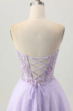 Sparkly A Line Strapless Sequins Lace Up Back Mini Lilás Homecoming Dress with Beading