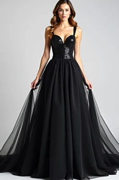 Sparkly A Line Sweetheart Ruched Black Tie Dress