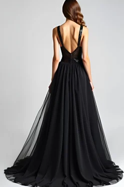 Sparkly A Line Sweetheart Ruched Black Tie Dress