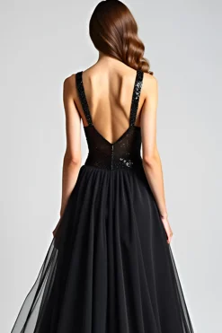 Sparkly A Line Sweetheart Ruched Black Tie Dress
