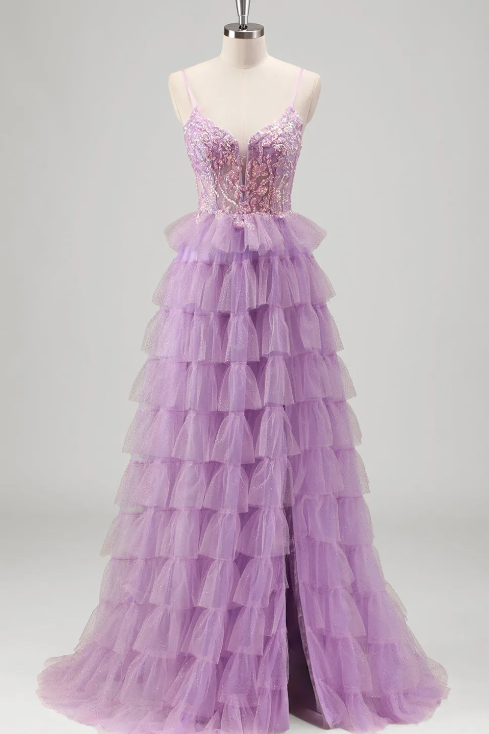 Sparkly A Line Tiered Lilac Sequins Prom Dress com Fenda