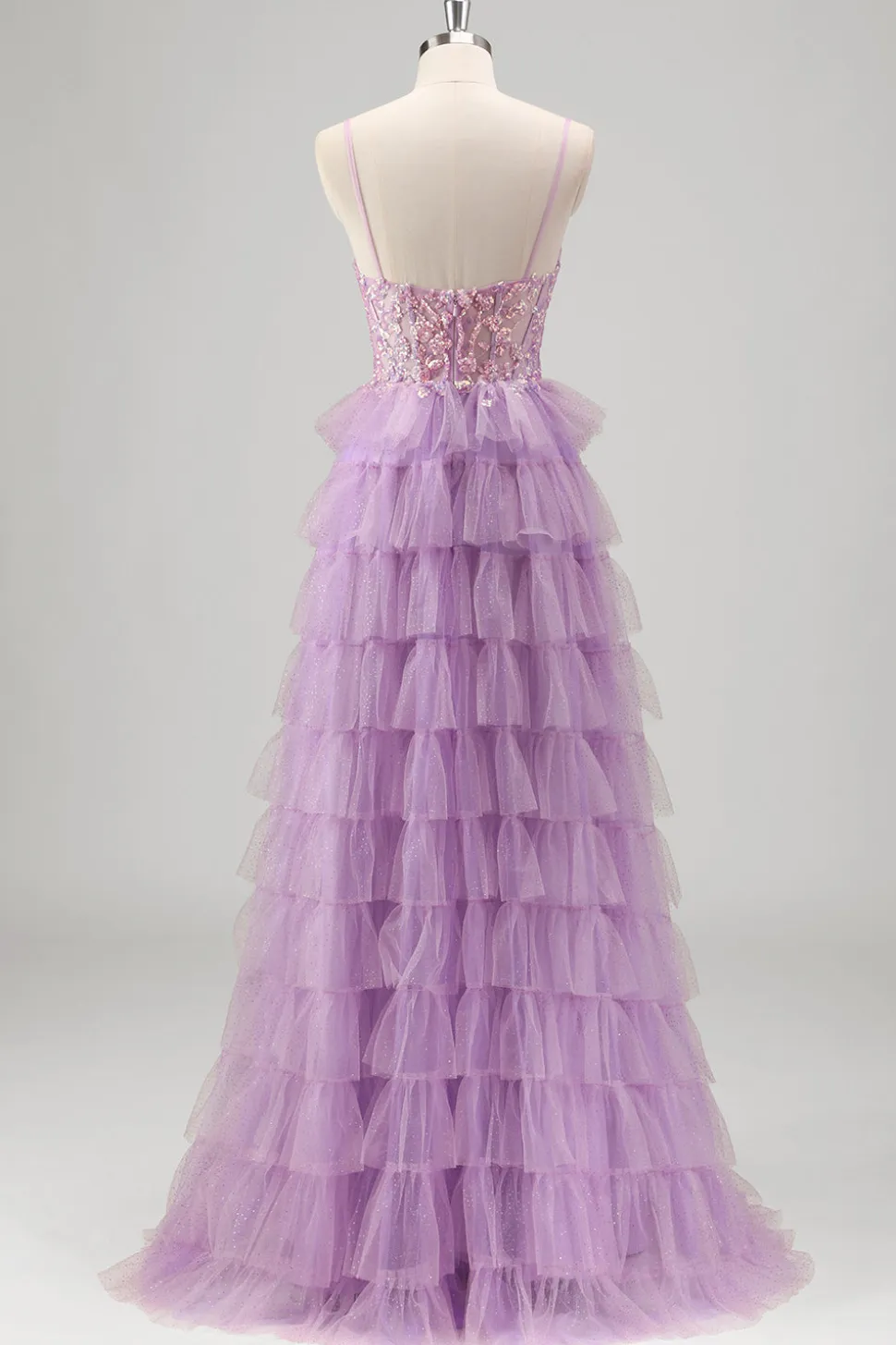 Sparkly A Line Tiered Lilac Sequins Prom Dress com Fenda