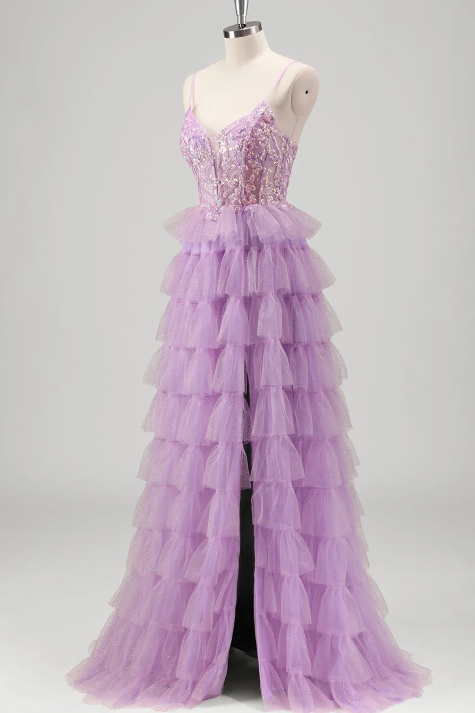 Sparkly A Line Tiered Lilac Sequins Prom Dress com Fenda