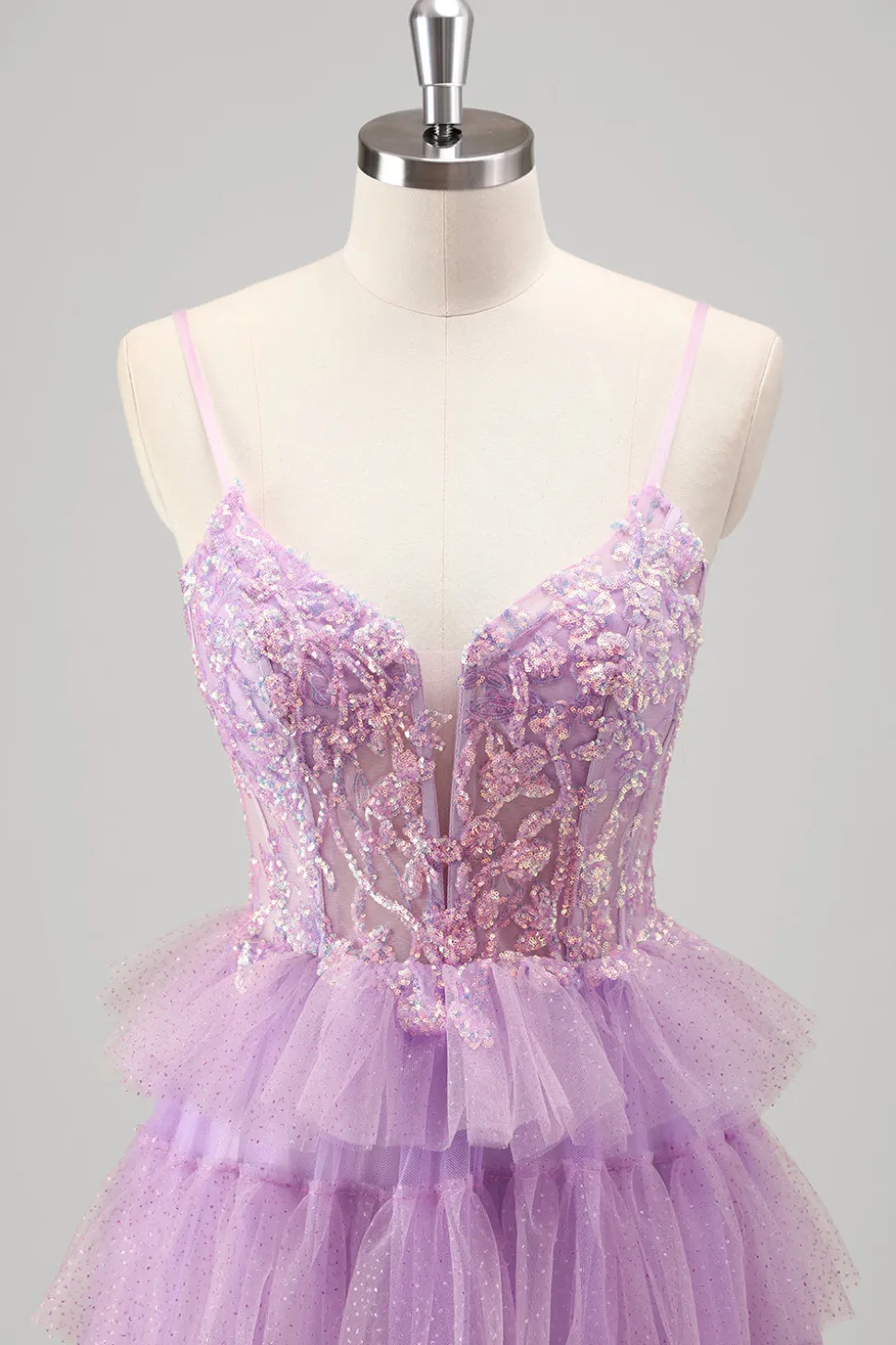 Sparkly A Line Tiered Lilac Sequins Prom Dress com Fenda