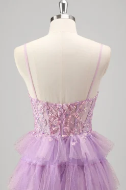 Sparkly A Line Tiered Lilac Sequins Prom Dress com Fenda