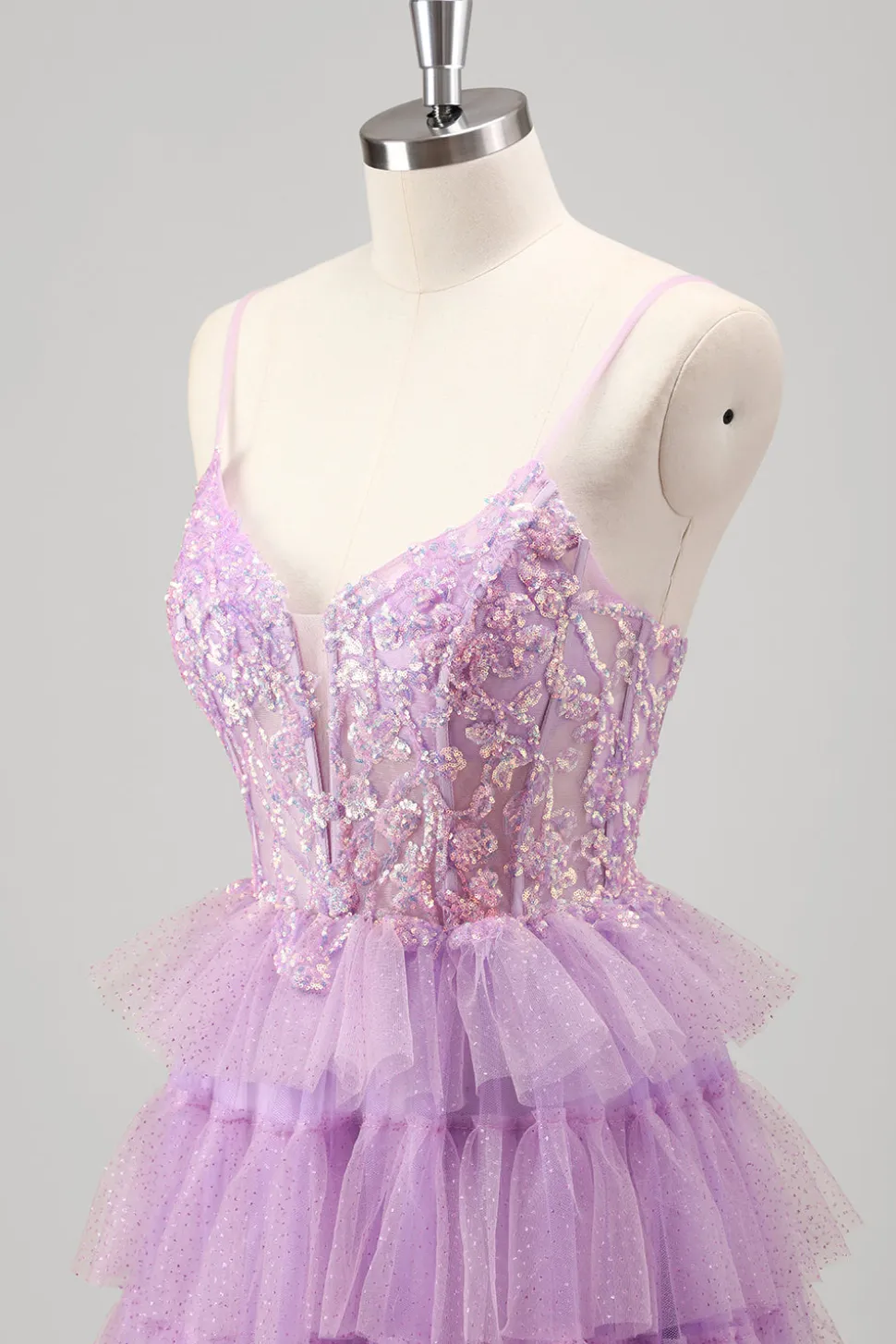 Sparkly A Line Tiered Lilac Sequins Prom Dress com Fenda