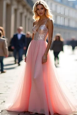 Sparkly A Line Tulle Espaghetti Correias Rosa Vestido de Baile