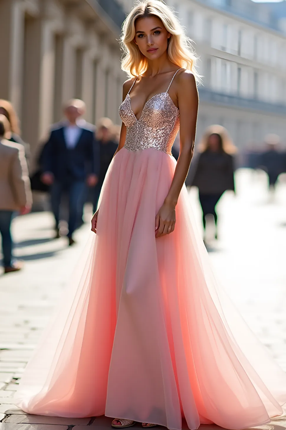 Sparkly A Line Tulle Espaghetti Correias Rosa Vestido de Baile