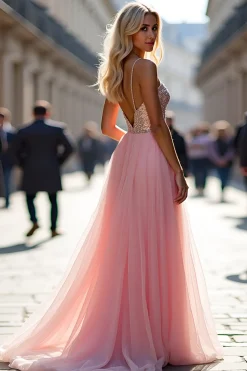 Sparkly A Line Tulle Espaghetti Correias Rosa Vestido de Baile