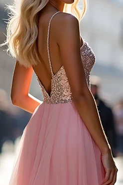 Sparkly A Line Tulle Espaghetti Correias Rosa Vestido de Baile