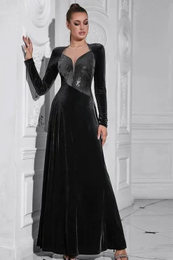 Sparkly A Line Velvet Long Prom Dress com mangas compridas
