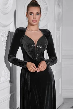 Sparkly A Line Velvet Long Prom Dress com mangas compridas