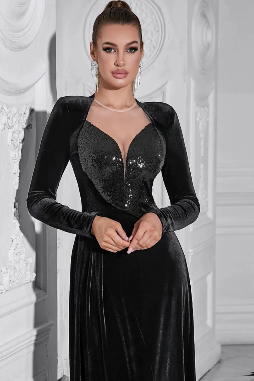 Sparkly A Line Velvet Long Prom Dress com mangas compridas