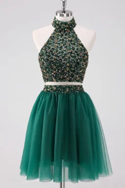 Sparkly A-Line Dark Green Halter Vestido Curto Homecoming com Sequins