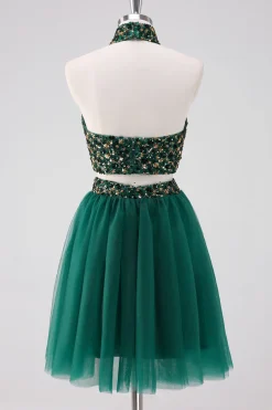 Sparkly A-Line Dark Green Halter Vestido Curto Homecoming com Sequins
