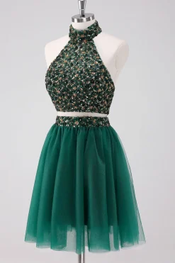 Sparkly A-Line Dark Green Halter Vestido Curto Homecoming com Sequins