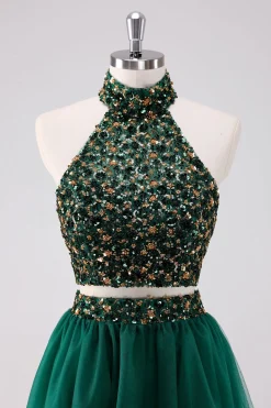 Sparkly A-Line Dark Green Halter Vestido Curto Homecoming com Sequins