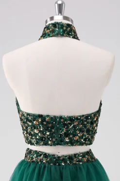 Sparkly A-Line Dark Green Halter Vestido Curto Homecoming com Sequins