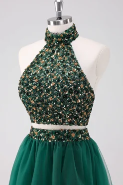 Sparkly A-Line Dark Green Halter Vestido Curto Homecoming com Sequins