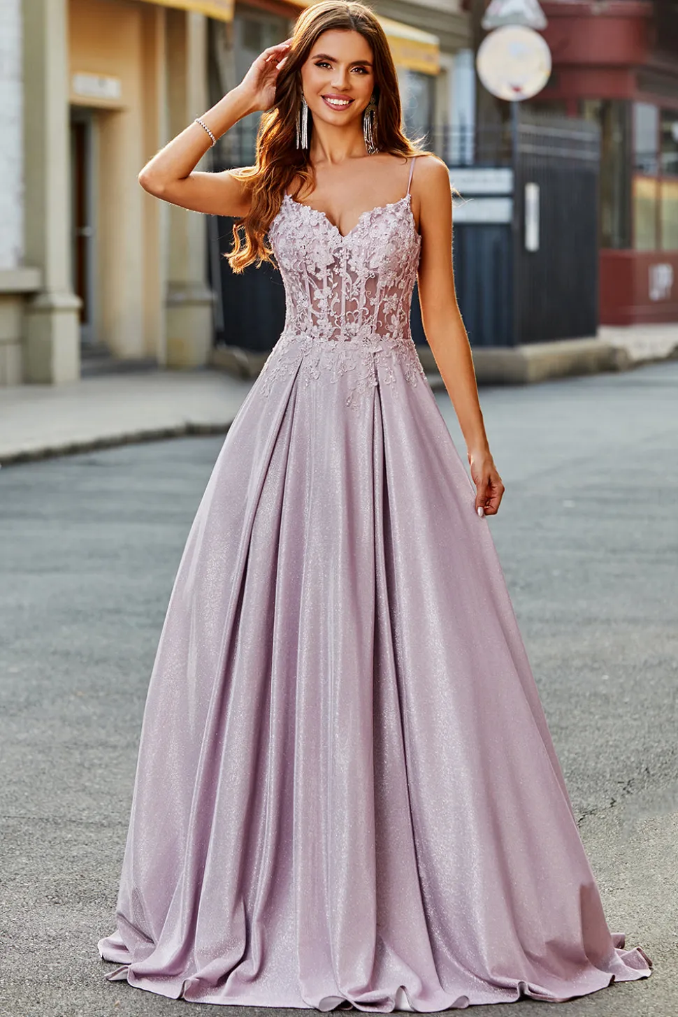Sparkly A-Line Espaghetti Correias Blush Prom Dress com Missangas