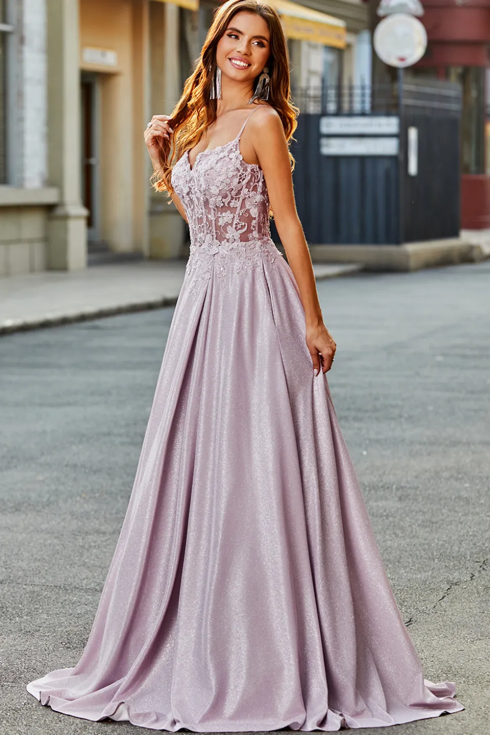 Sparkly A-Line Espaghetti Correias Blush Prom Dress com Missangas