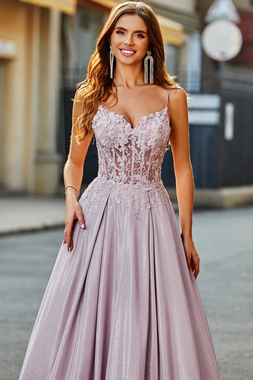 Sparkly A-Line Espaghetti Correias Blush Prom Dress com Missangas