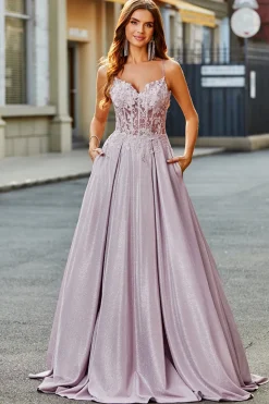 Sparkly A-Line Espaghetti Correias Blush Prom Dress com Missangas