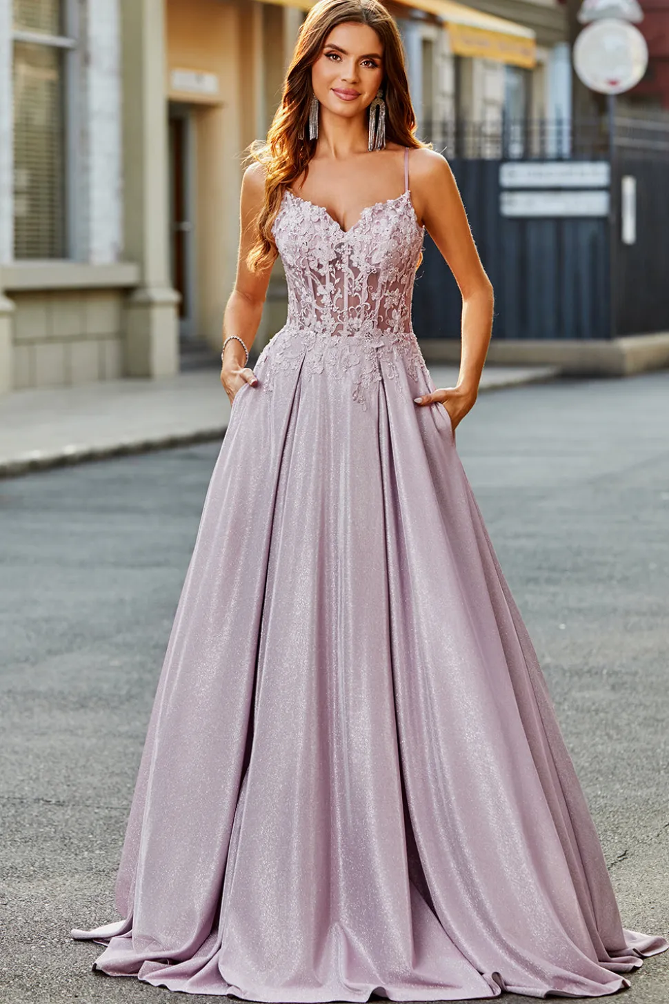 Sparkly A-Line Espaghetti Correias Blush Prom Dress com Missangas