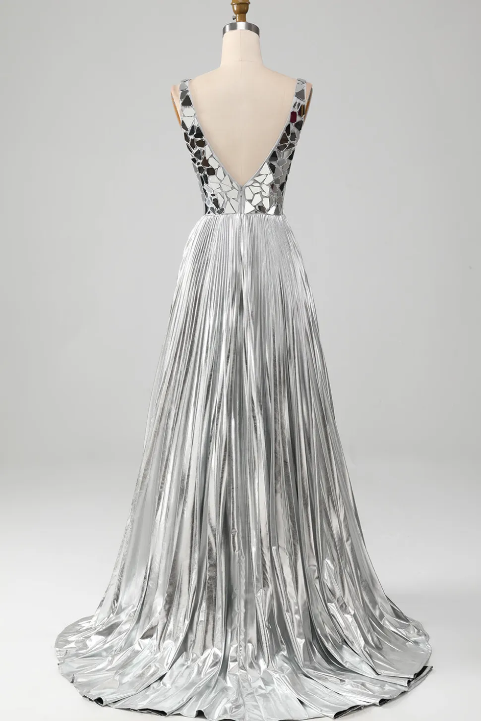 Sparkly A-Line V-Neck Vestido de baile de formatura de prata com fenda