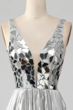 Sparkly A-Line V-Neck Vestido de baile de formatura de prata com fenda