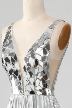 Sparkly A-Line V-Neck Vestido de baile de formatura de prata com fenda