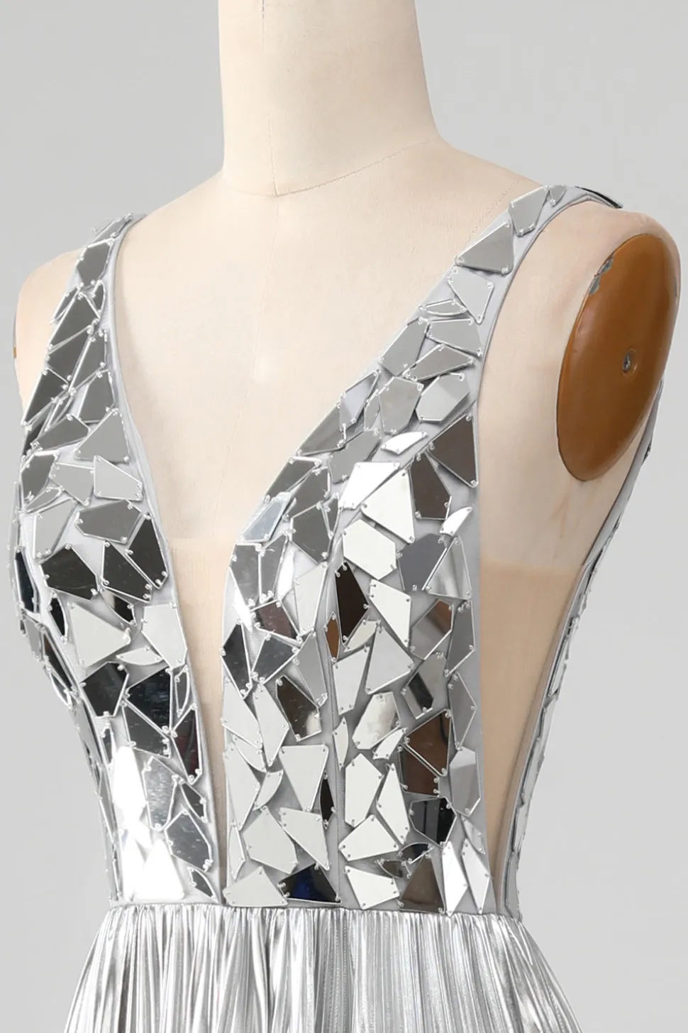 Sparkly A-Line V-Neck Vestido de baile de formatura de prata com fenda