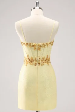 Sparkly amarelo espaguete alças apertado Homecoming vestido com lantejoulas