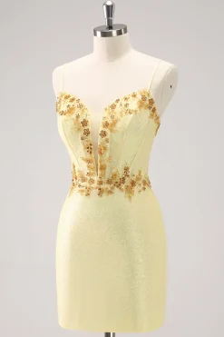 Sparkly amarelo espaguete alças apertado Homecoming vestido com lantejoulas