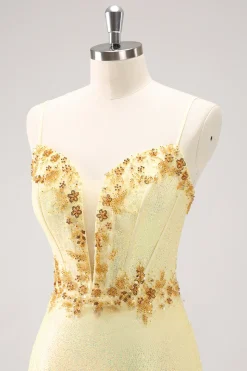 Sparkly amarelo espaguete alças apertado Homecoming vestido com lantejoulas