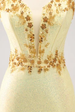 Sparkly amarelo espaguete alças apertado Homecoming vestido com lantejoulas