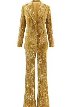 Sparkly amarelo pico lapela 2 peças mulheres ternos de baile com mangas
