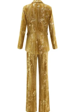 Sparkly amarelo pico lapela 2 peças mulheres ternos de baile com mangas