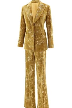 Sparkly amarelo pico lapela 2 peças mulheres ternos de baile com mangas