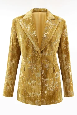 Sparkly amarelo pico lapela 2 peças mulheres ternos de baile com mangas