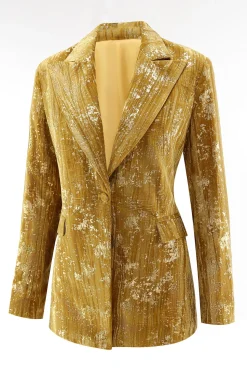 Sparkly amarelo pico lapela 2 peças mulheres ternos de baile com mangas