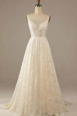 Sparkly Apricot Sweep Train Vestido de Noiva Lace
