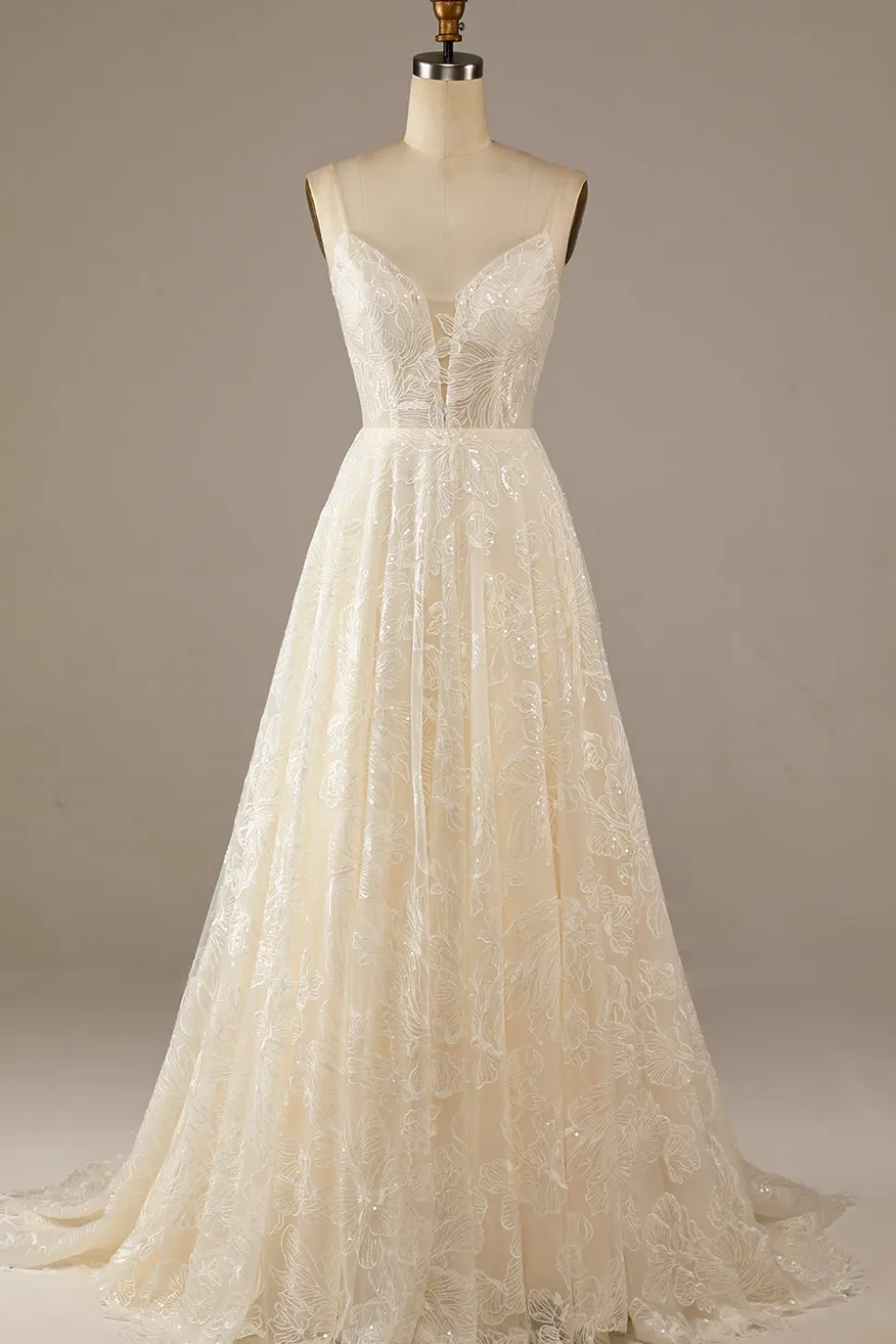 Sparkly Apricot Sweep Train Vestido de Noiva Lace