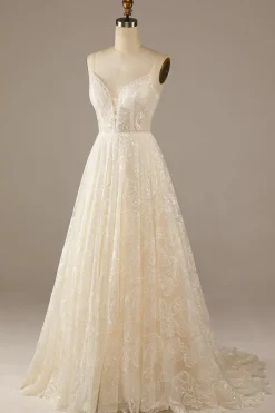 Sparkly Apricot Sweep Train Vestido de Noiva Lace
