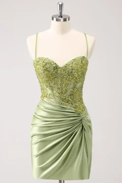 Sparkly Army Green Lace-Up Back Appliques Vestido Plissado Homecoming